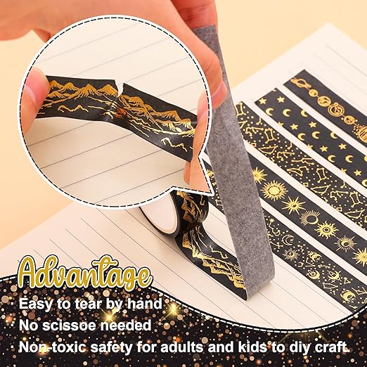 Whaline 12 Rolls Gold Foil Galaxy Washi Tape Black Gold Sun Moon Star Masking Tape Set Decorative Wrapping Paper Tapes for Scrapbook Journal DIY Art Crafts
