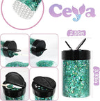 Ceya Holographic Chunky Glitter, 4.9oz/ 140g Spring Green Craft Glitter Powder Mixed Chunky & Fine Flakes Iridescent Nail Sequins for Nail, Hair, Epoxy Resin, Tumblers, Slime, Painting, Festival Decor