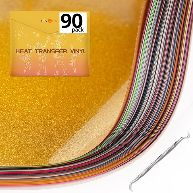 HTVRONT HTV Heat Transfer Vinyl Bundle, 90 Pack 12" x 10" Iron on Vinyl for t Shirts, 58 Assorted Colors HTV Vinyl with PTFE Sheet & Weeding Tools, Includes Glitter, Floral, Plaid, Neon, Geometric