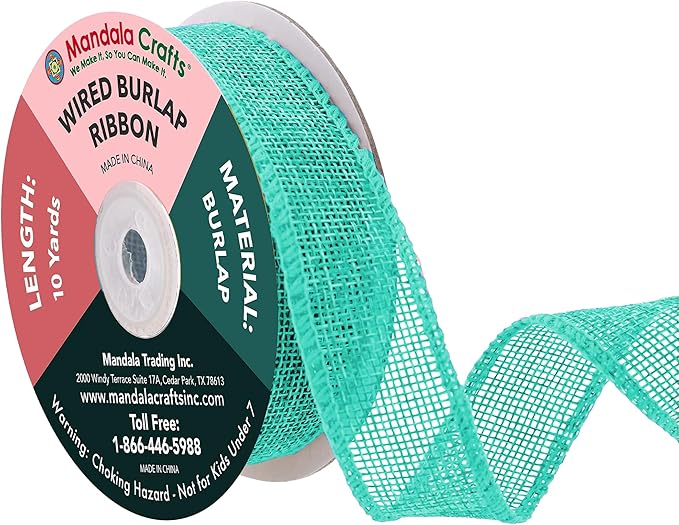 Mandala Crafts Turquoise Burlap Wired Ribbon 1.5 Inches Wide Jute Ribbons for Crafts - 10 Yds Roll Rustic Burlap Wrap Trim Ribbons for Wreaths Bows Party Decoration