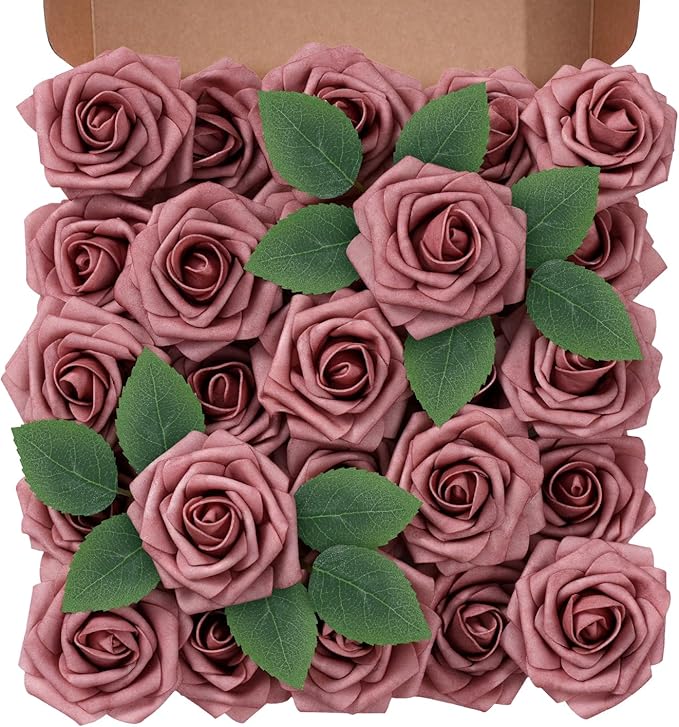 Artificial Flowers Foam Fake Roses 25pcs Dusty Rose Faux Roses with Stems for Home Decor DIY Wedding Bouquets Party Bridal Shower Centerpieces Faux Flower Arrangements Tables Decorations