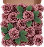 Artificial Flowers Foam Fake Roses 25pcs Dusty Rose Faux Roses with Stems for Home Decor DIY Wedding Bouquets Party Bridal Shower Centerpieces Faux Flower Arrangements Tables Decorations
