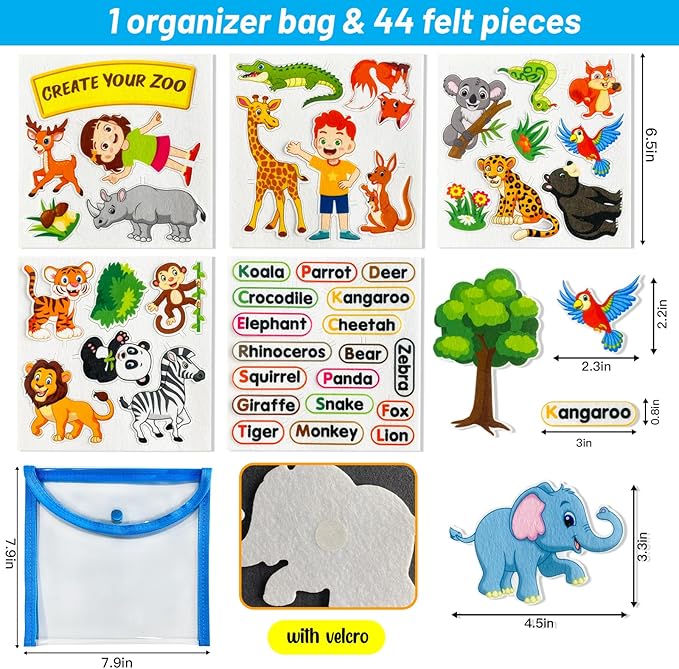 PENGFULL Felt Flannel Board Story Pieces for Toddlers Preschool,Kids Interactive Storytelling Teaching Play Kits for Flannel Board,with Words Felt Pieces(New Zoo)