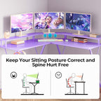 SEVEN WARRIOR Gaming Desk 50.4” with LED Light & Power Outlets, L-Shaped Gaming Desk Carbon Fiber Surface with Monitor Stand, Ergonomic Gamer Table with Headphone Hook, Purple