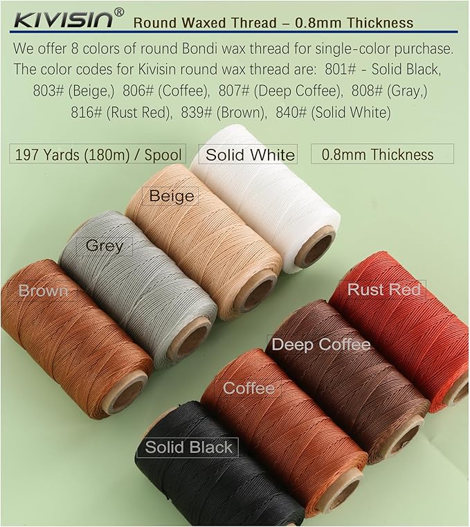 Bonded 0.8mm Round Waxed Polyester Cord, 3-ply Wax Coated Thread, 197 Yards Stiff String for Heavy Duty Fabric, Leather Sewing, Book Binding, Upholstery Repair, and Macrame Jewelry - Brown