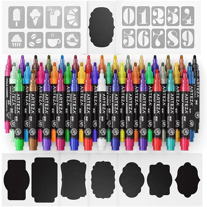 ARTEZA Liquid Chalk Markers, 42 Colors Pack with 50 Chalkboard Labels, Fine Tip Chalk Pens for Blackboard, Whiteboard, Windows, Mirrors, Glass
