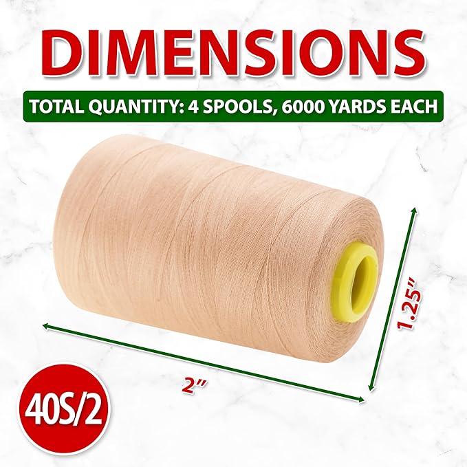 Mandala Crafts 4 Pack of Serger Threads Cones Spools - 40S/2 24000 Yards Polyester Nude Threads for Sergers Machine and Overlock Quilting Sewing Machine