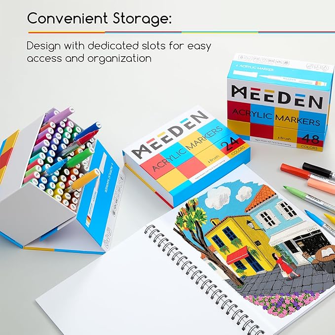 MEEDEN Acrylic Paint Markers: 48 Colors Brush Tip Acrylic Markers with Automatic Ink Control System - Visible Large Capacity Water-Based Acrylic Paint Pens for Beginners Artists Adults Halloween Paint