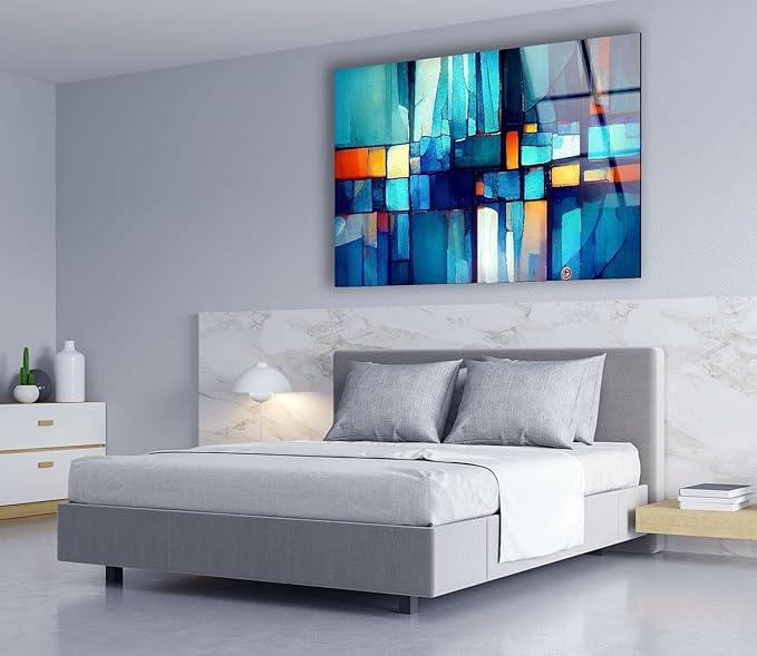 My Photostation.com 28Wx18H'' Blue Vibrant Stained Glass Wall ArtTempered Glass Printing Wall Decor Large Wall Art Wall Hangings