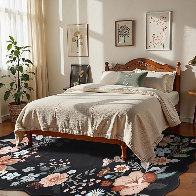 Beeiva Washable Rugs 8x10 for Living Room - Scalloped Floral Printed Soft Non Slip 8 x 10 Area Rug for Dining Room Boho Flower Ultra-Thin Aesthetic Carpet for Kids Room Dorm Office(Black,8x10ft)