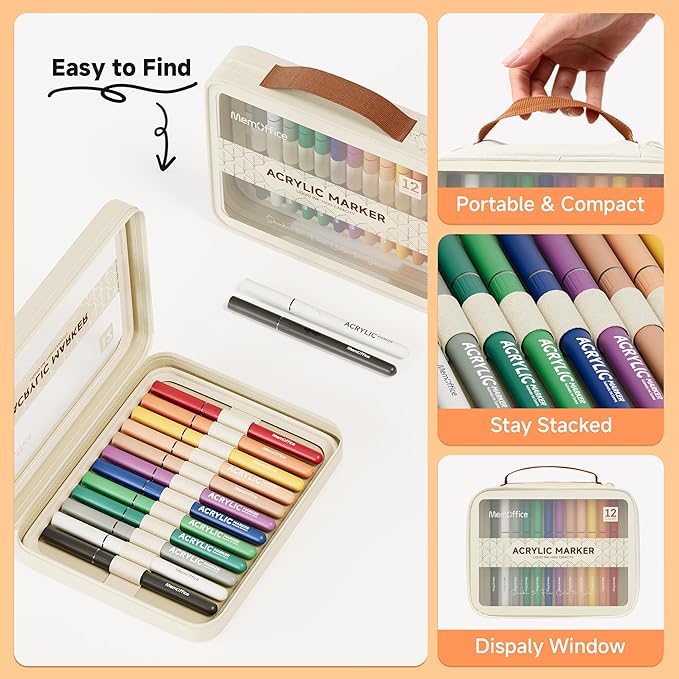 MemOffice Direct Liquid Acrylic Paint Markers, 12 Colors Brush Tip Pens with Carrying Case, No Bleed, Waterproof, for Rock, Wood, Canvas, Glass, Fabric, DIY Crafts for Adults & Kids
