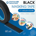 Spartan Industrial - 1" X 60 yd Black Masking Tape - 12 Colored Tape Rolls for Bundling, Labeling, and More - No Residue, 5.5 Mil