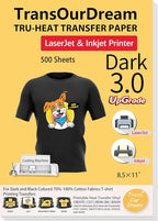TransOurDream Tru-Heat Transfer Paper for Inkjet & Laserjet Printer (500 Sheets, 8.5x11", Dark 3.0) Printable HTV Heat Transfer Vinyl for T Shirts Iron on Transfers for Dark Fabrics