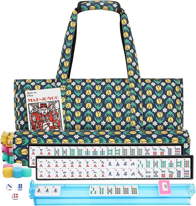 Mahjong Tile Set,166 White Tiles Mahjong Set,4PCS Mahjong Racks with Pushers,Travel Mahjong Set with Flower Carrying Bag