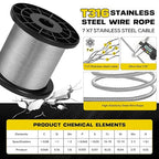 316 Stainless Steel Cable, 200FT 1/32IN Wire Rope 7 * 7 Strand with 50Pcs Aluminum Sleeves Stops, Guide Wire for Outdoor String Lights for String Lights Hanging, Clotheslines, Trellis (200FT)