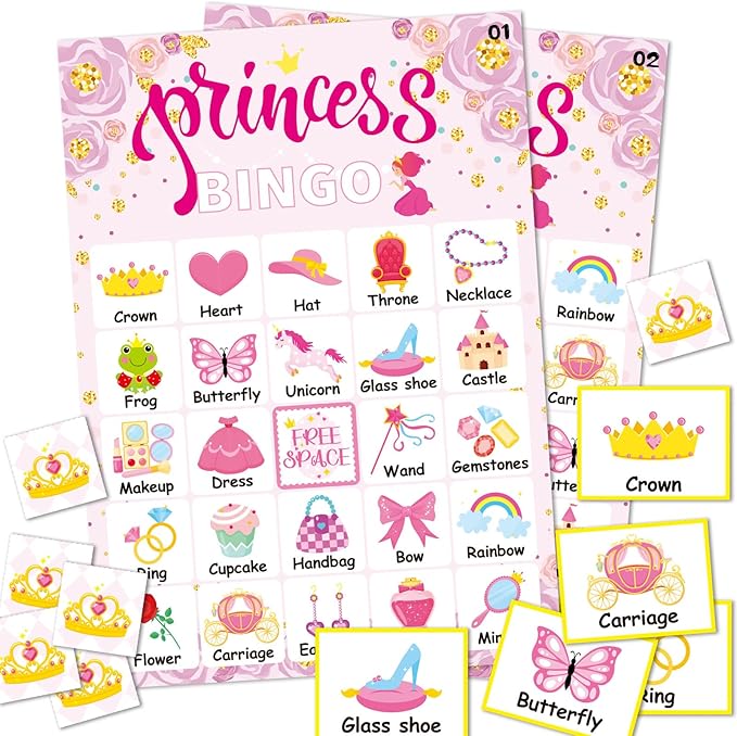 Pink Princess Bingo Game 24 Players Bingo Games Cards for Tea Party Decorations Princess Birthday Family Holiday Party Supplies School Activities Bridal Shower Wedding Party Favors