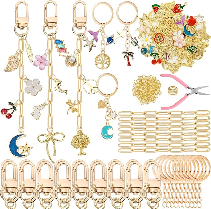 MORWLAT 281 PCS Gold DIY Keychain Making Kit Cute Bag Charm Kit 60 Charms 8 Keychain Clips with Key Ring Swivel Snap Hook Lobster Claw Clasps 200 Jump Ring Jewelry Plier DIY Set Women Craft (60)