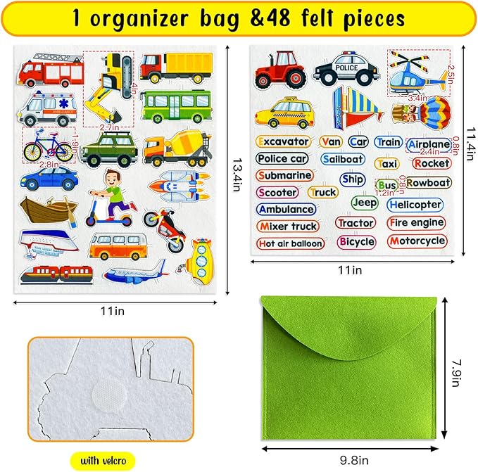 Felt Transportation Vehicles Learning Pieces,48 Felt Flannel Board Pieces,Air Land Sea Airplane Learning for Toddlers for Kindergarten,Preschool,Toddlers