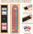 Wooden Cribbage Board Game Set with Storage Drawer & Metal Pegs – Premium 3-Track Cribbage Board with Cards, Portable Travel Strategy Game for Adults, Kids & Family Game Night