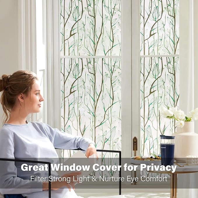 Donox Frosted Glass Window Film Heat Control UV Blocking, Static Cling Reusable Home Bathroom Door Window Privacy Film, Green Leaf Pattern Window Covering with Installation Tool, 17.5 in x 6.5 feet