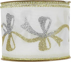 MEEDEE Gold & Silver Christmas Ribbon - 2.5 Inch White Satin with Glittery Bows Pattern - 10 Yards Wired Ribbon for Tree, Garlands & Toppers