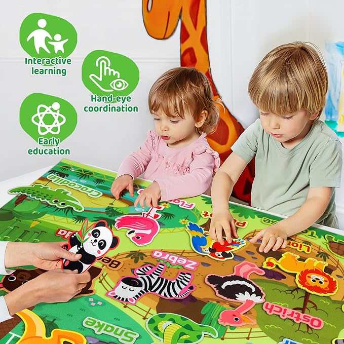 Taika 43x28 inch Zoo Animals Felt Story Board Set, 41Pcs Jungle Animals Toys, Thicker Flannel Board, Preschool Learning Toy, Interactive Storytelling Teaching Play Activity Kits