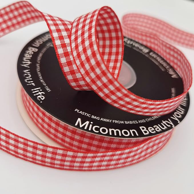 Red and White 100% Polyester Gingham Ribbon 25 Yards Each Roll (5/8", red)