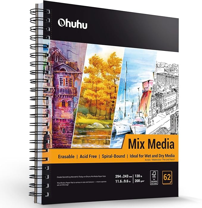 Mix Media Pad, Ohuhu Mixed Media Art Sketchbook, 120 LB/200 GSM Heavyweight Papers, 62 Sheets/124 Pages, Spiral Bound Mixed Media Paper Pad for Christmas Gift