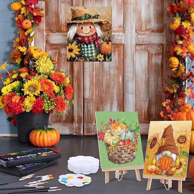 Cholemy 36 Pcs Paint and Sip Kit for Adults 8''x10'' Pre Drawn Canvas for Painting DIY Afro Acrylic Painting Kit Wood Easel Brushes Date Night Bulk for Christmas Party Gifts(Fall Scarecrow)
