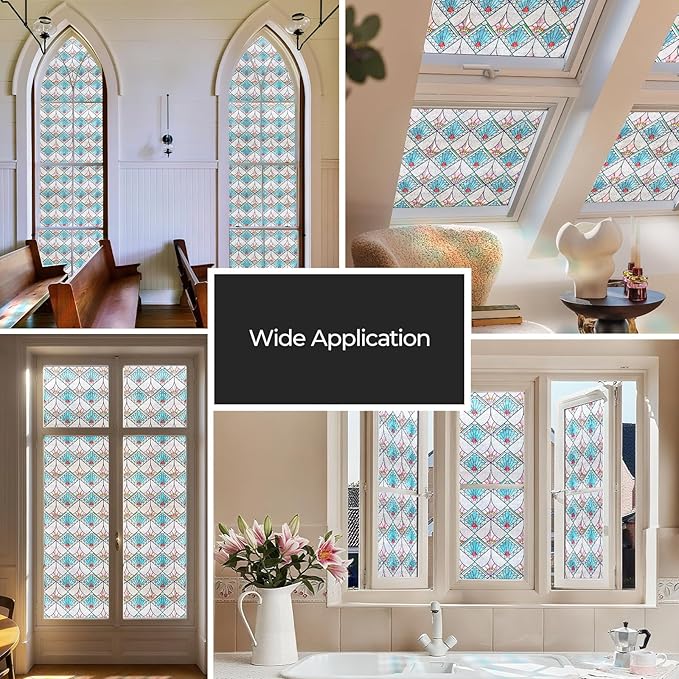 3D Stained Glass Window Film, Decorative Window Privacy Film for Bathroom,Front Door,Home, Sun Blocking Heat Control,Static Cling,23.6inch x 35.4inch Refractive Narrative