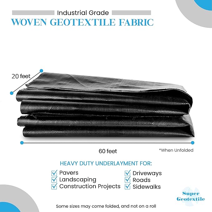 Woven Geotextile Fabric for Driveway and Road Stabilization, Construction Underlayment, Erosion Control, Commercial Grade 50 Year for Gravel Roads and Pavers (20x60) Ships Folded