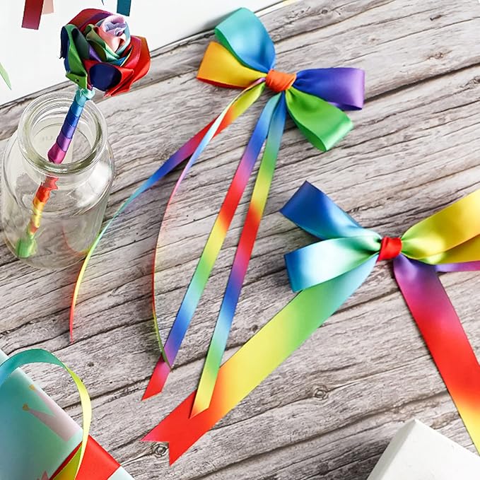 MEEDEE Rainbow Satin Ribbon - 3/8 inch Thin Color Ribbon for Crafts, Gift Wrapping, Birthday Party, Pride Party, Wedding Decorating - 50 Yards