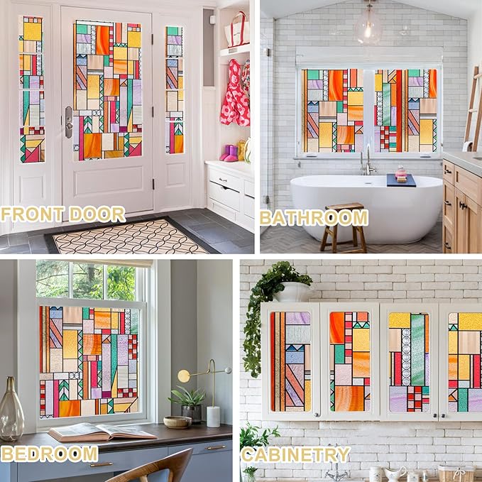 3D Stained Glass Window Privacy Film, Heat Control UV Blocking Static Cling Decorative Window Film for Bathroom,Front Door,Home Non Adhesive,23.6 x 35.4 inches Autumn Reverie
