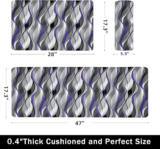 Kitchen Mats for Floor Modern Abstract kitchen rugs Grey and Purple Stripe Anti Fatigue Kitchen Mats Waterproof Floor Mats Cushioned Non-Skid Standing Mats for Kitchen, Set of 2,17.3 x 28+17.3 x 47