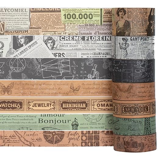 YUBX Vintage Washi Tape Set 10 Rolls Wide Decorative Antique Map Stamp Newspaper Masking Tapes for Arts, DIY Crafts, Journals, Planners, Scrapbook, Wrapping 9/16'', 13/16'', 1'', 1 3/4'', 2 3/8''