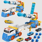 Dwi Dowellin Truck Toys for Kids, 28" Large Car Toys Include 4 Racing Cars+6 Ball, with Light & Sounds, Eejection&Shooting Transport Cars Toy, Gifts for Boys Girls 3-12 Year Old-Blue