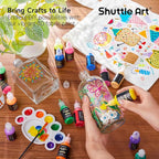 Shuttle Art Fabric Paint, 24 Colors 3D Permanent Paint with Brushes Palette Pen Fabric Sheet Stencils, Glow in The Dark, Glitter, Metallic Colors for Textile Fabric T-shirt Jeans Glass