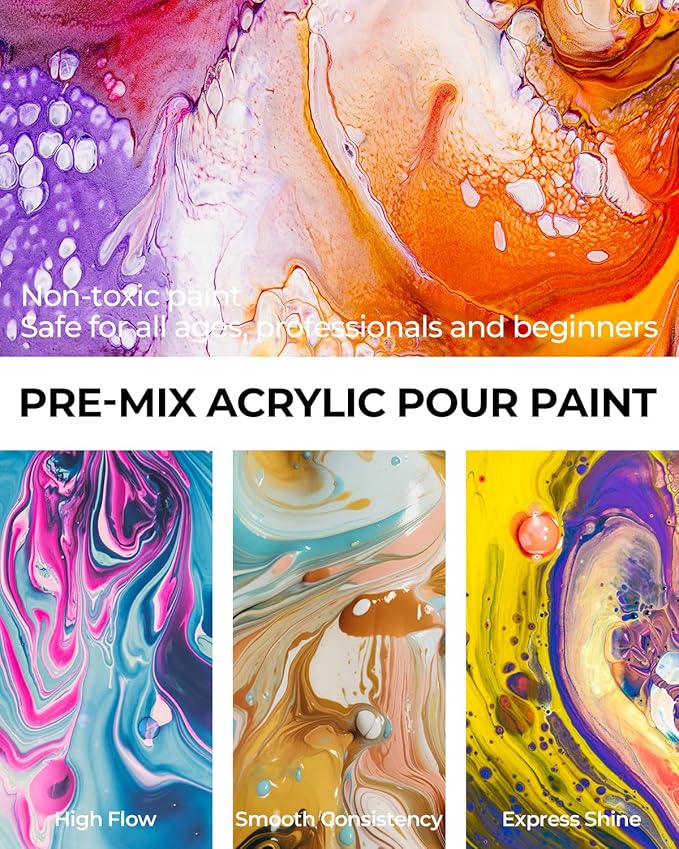 Nicpro 8 Colors Large Bulk Acrylic Pour Paint Set (33.8 oz, 1000 ml) Premixed High Flow Art Pouring Paint Supplies Kit with Silicone Pour Oil, Gloves for Beginner Cell Creation Flow DIY, Ready to Pour