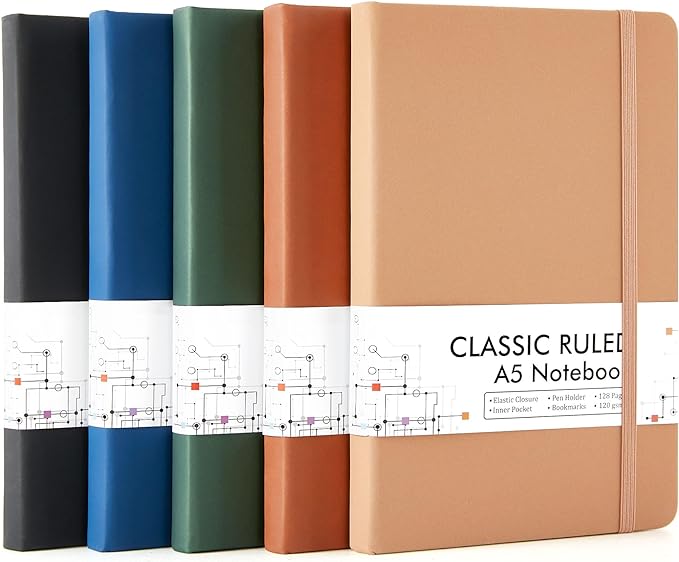 feela Journal Notebook Bulk for School, Hardcover Business Classic Ruled Lined Journals with Pen Holder for Work Office Journaling, with 5 Black Pens, 120 GSM, 5.1”x8.3”, 5 Pack, A5, Vintage Colors