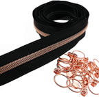 Leekayer #5 Rose Gold Metallic Teeth Nylon Coil Zippers by The Yard Bulk 10 Yards Black Zipper Tape with 25pcs Rose Gold Ring Pull Sliders for DIY Sewing Tailor Craft Bag(Black)