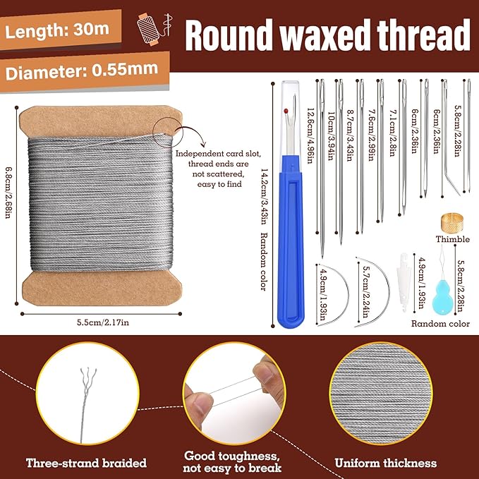 Upholstery Repair Kit, 0.55mm 98 Yard (3 Colors) Waxed Thread with 8 Pcs Heavy Duty Leather Needles for Hand Stitching, Canvas & Quilting - Round Waxed Thread- Black/Gray/Brown