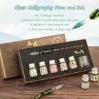 Mancola Glass Dipped Crystal Calligraphy Pen Set with 5 Colorful India Ink, 1 Pen Holder, 1 Cleaning Cup, Ink Drip Tool, Signatures, Drawing, Decoration Kits for Beginners
