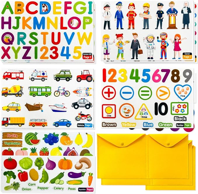 PENGFULL 5 Felt Learning Pieces Set,Alphabet Letters Fruits and Vegetables Numbers Community Helpers Transportation Learning Pieces,for Felt Flannel Board, for Toddlers Kindergarten Preschool