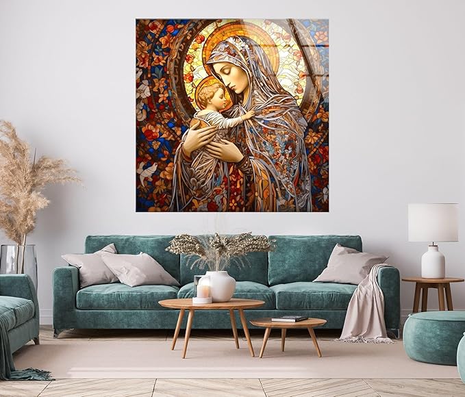 My Photostation.com 32Wx48H'' Jesus and Virgin Mary Glass Wall Art Tempered Glass Printing Wall Decor Large Wall Art Wall Hangings