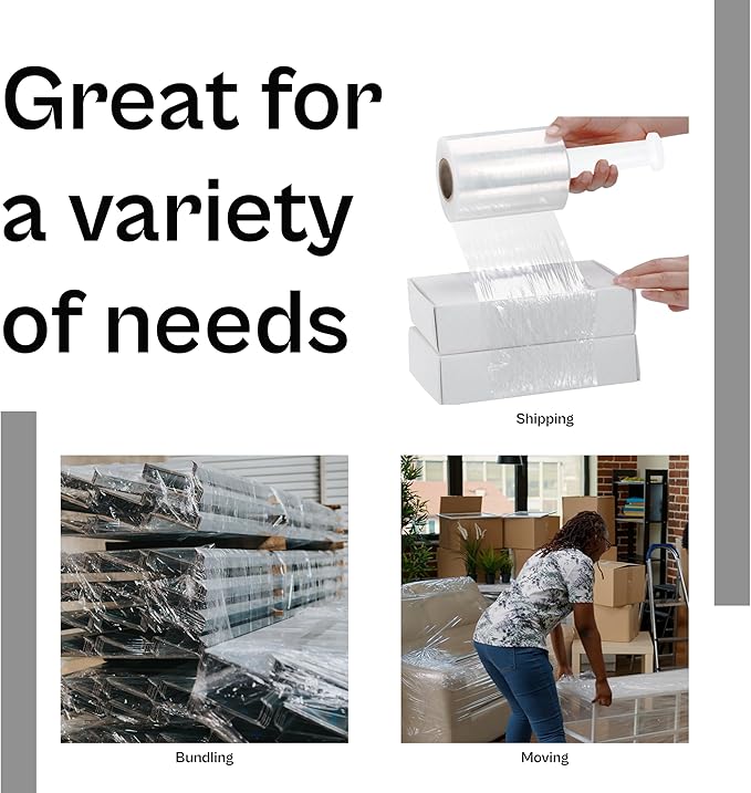 PSBM Mini Stretch Wrap with Handle, 12 Pack, 4 Inch x 1000 Feet, 80 Gauge, Clear, Small Plastic Cling Film for Pallets Moving Storing