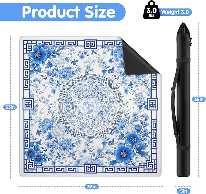 Mahjong Mat for Table 33x33 Inch, No-Crease, Anti-Slip, Noise-Reducing American Mahjong Mat, Mahjong Table Mat with Carry Bag,Neoprene Mahjong Mat for Poker, Card, Board(Blue)