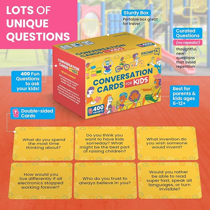 400 Conversation Cards for Kids – Engage Kids, Laugh, and Grow Closer During Family Dinner, Game Night, and Road Trips – Have Fun Building Social-Emotional Skills - Super Portable 2.5" x 1.75" Cards