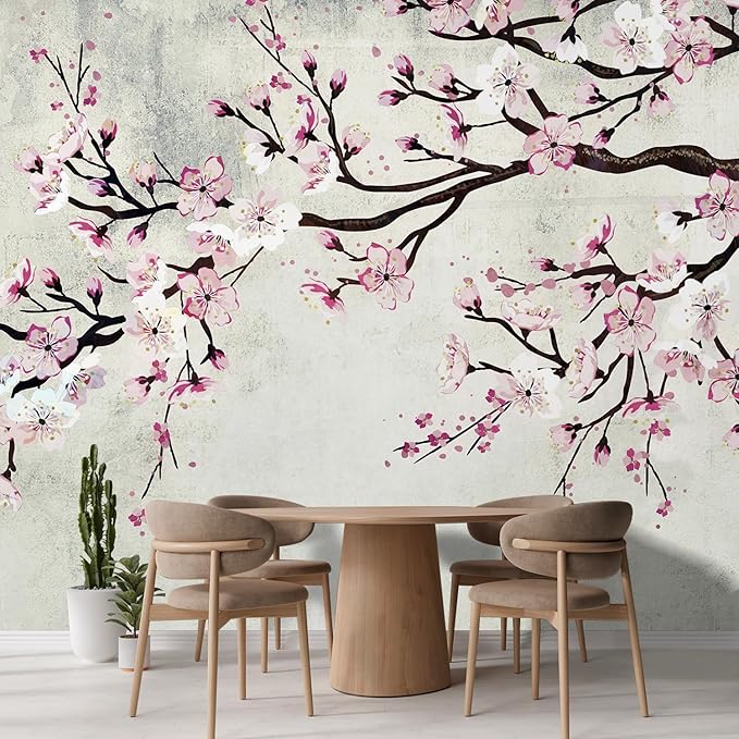 wall26 Large Wall Mural Watercolor Style Ink Painting Pink Cherry Blossom on Vintage Wall Background | Self-Adhesive Vinyl Wallpaper/Removable Modern Wall Decor - 96x120 inches