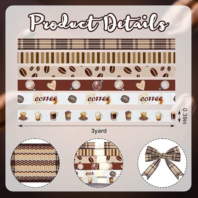 6 Rolls 18 Yards Fall Coffee Ribbons for Gift Wrapping DIY Crafts 3/8 Inches Brown Plaid Grosgrain Ribbons Coffee Beans Ribbon for Wreath Hair Bows Home Party Decoration