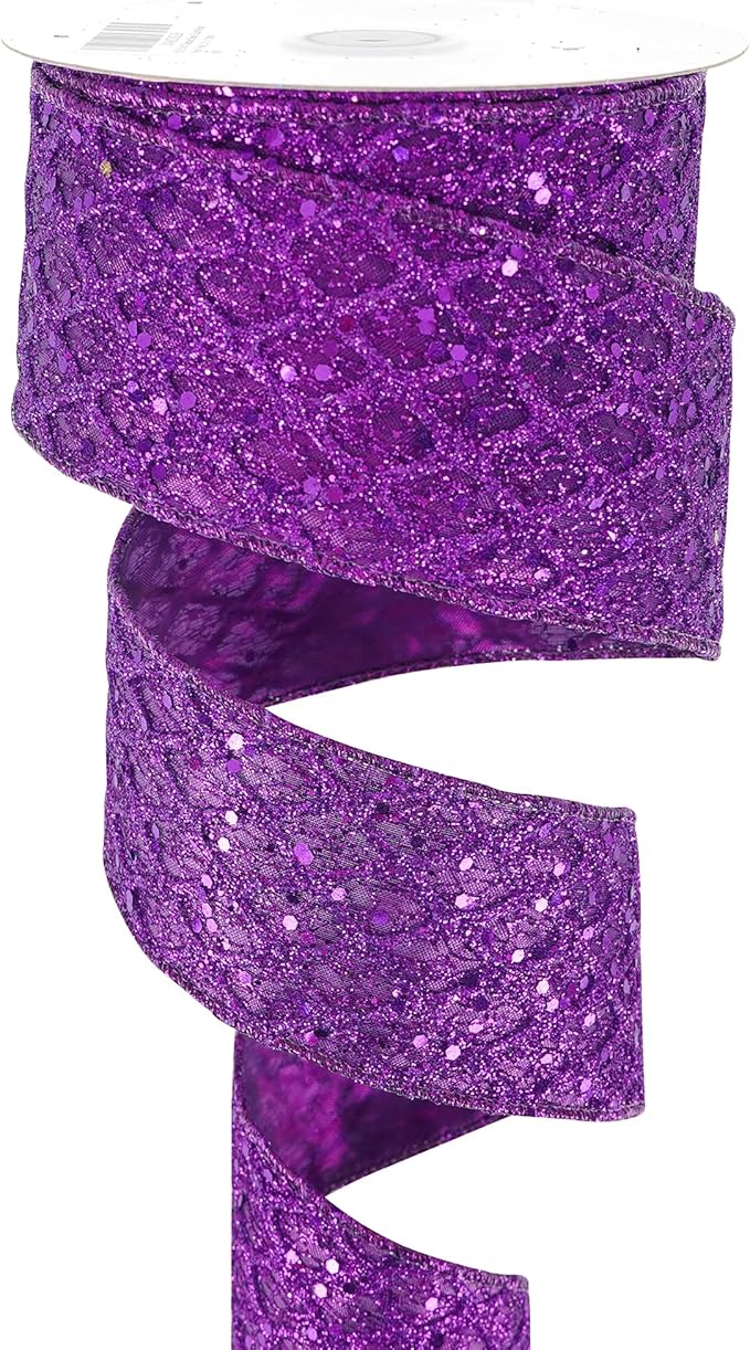 HUIHUANG Purple Wired Ribbon for Christmas Tree 2.5 inch Purple Glitter Diamond Mesh Ribbon for Tree Decoration, Wreaths, Garland, Gift Wrapping, Large Bows Making, Halloween Decor -10 Yards